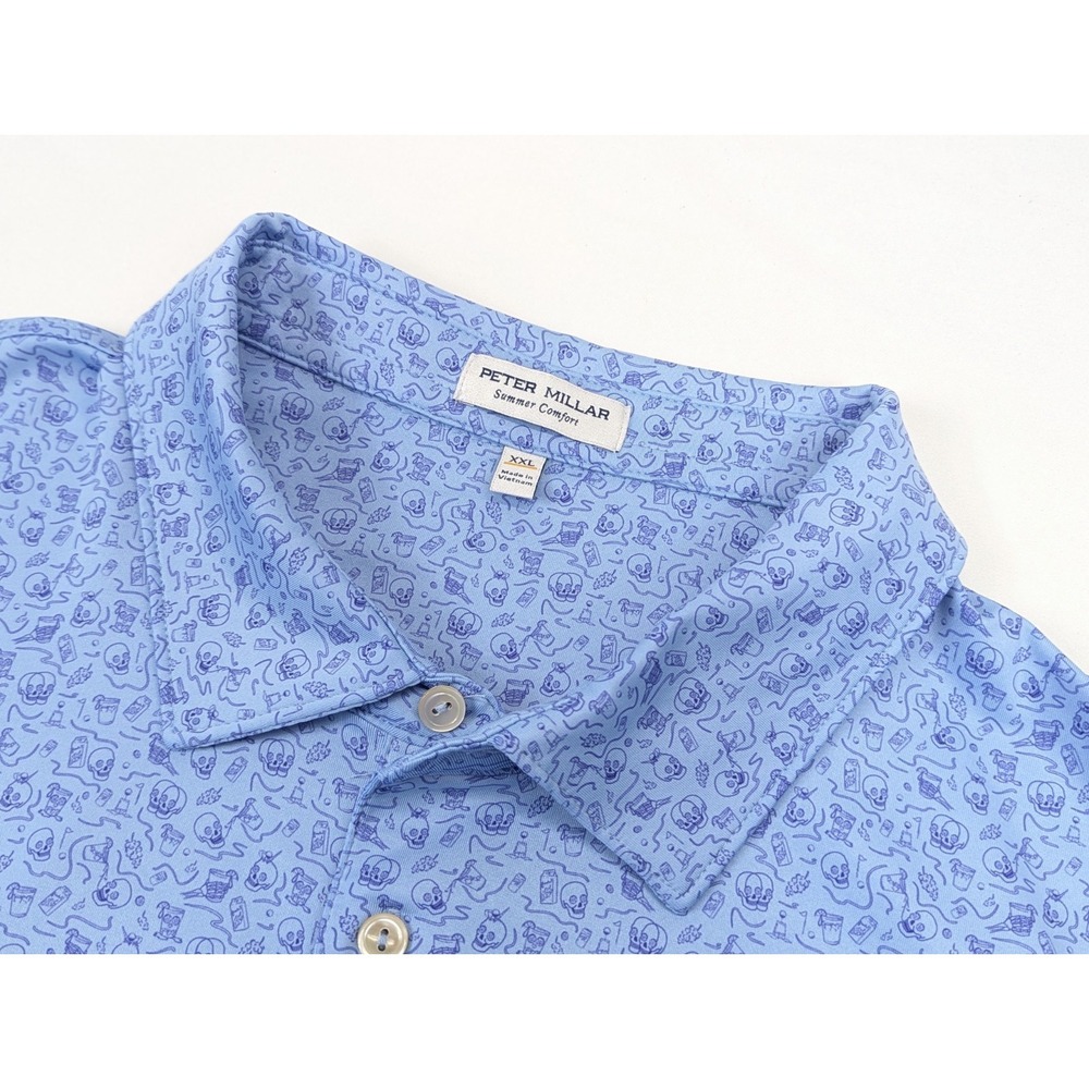 Peter Millar Polo Shirt Mens 2XL Summer Comfort Skull Drinks Blue Performance - Picture 3 of 10